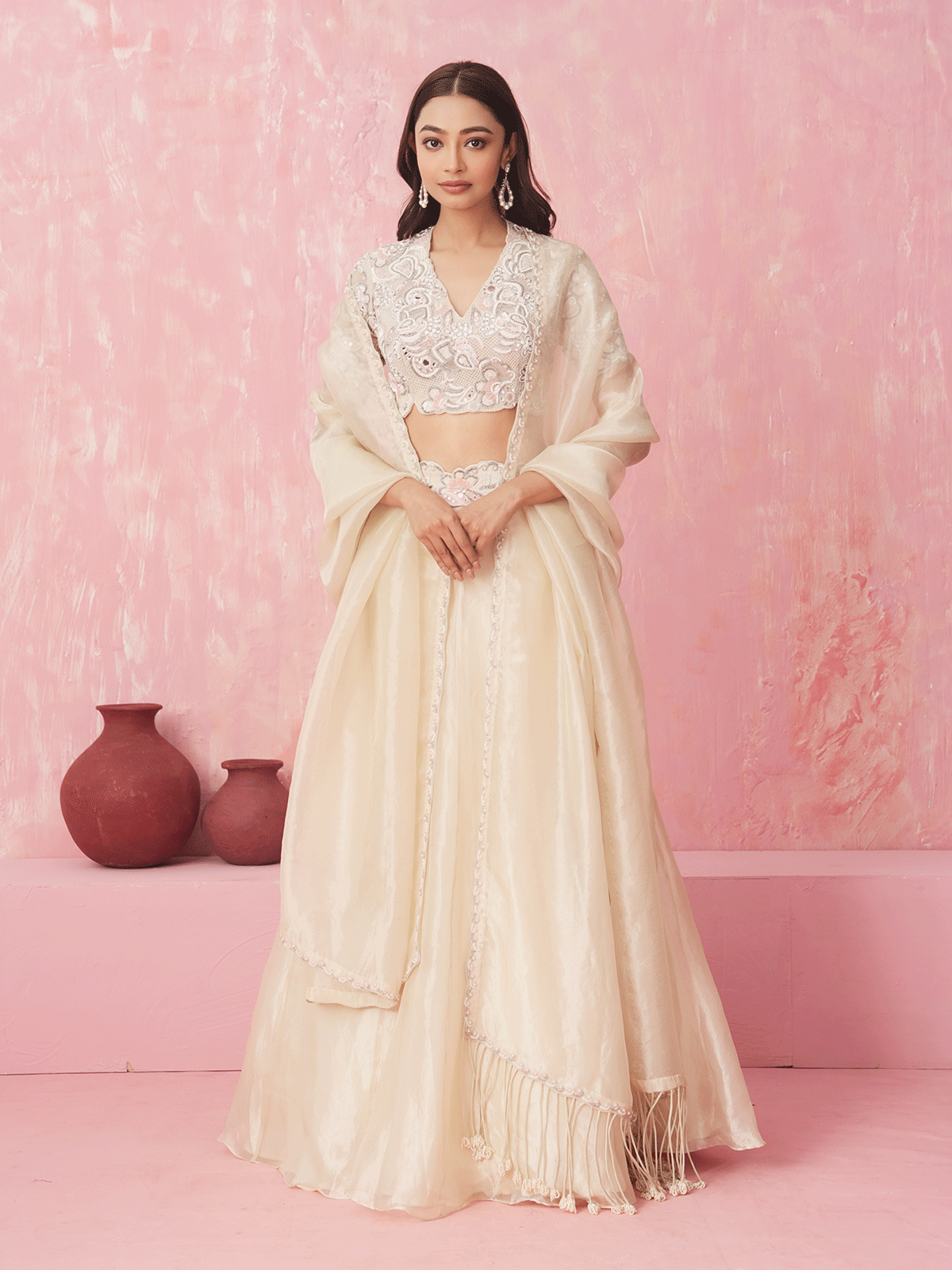 Pure White Cutdana Embroidered Top & Lehenga Set with Chir Work