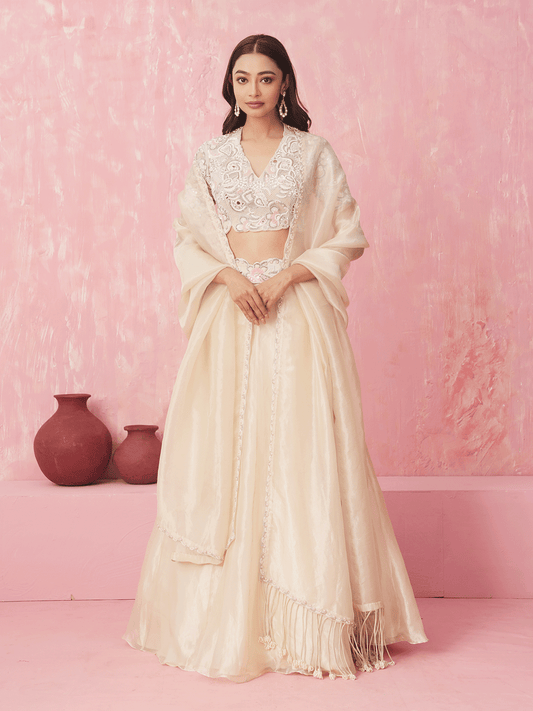 Pure White Cutdana Embroidered Top & Lehenga Set with Chir Work