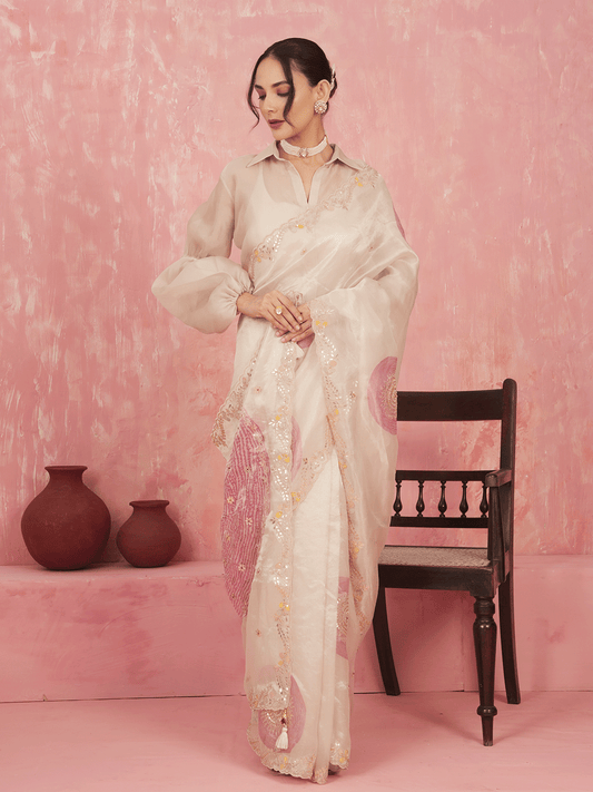 Pearl White Appliqued Tissue Saree with Sequins Details