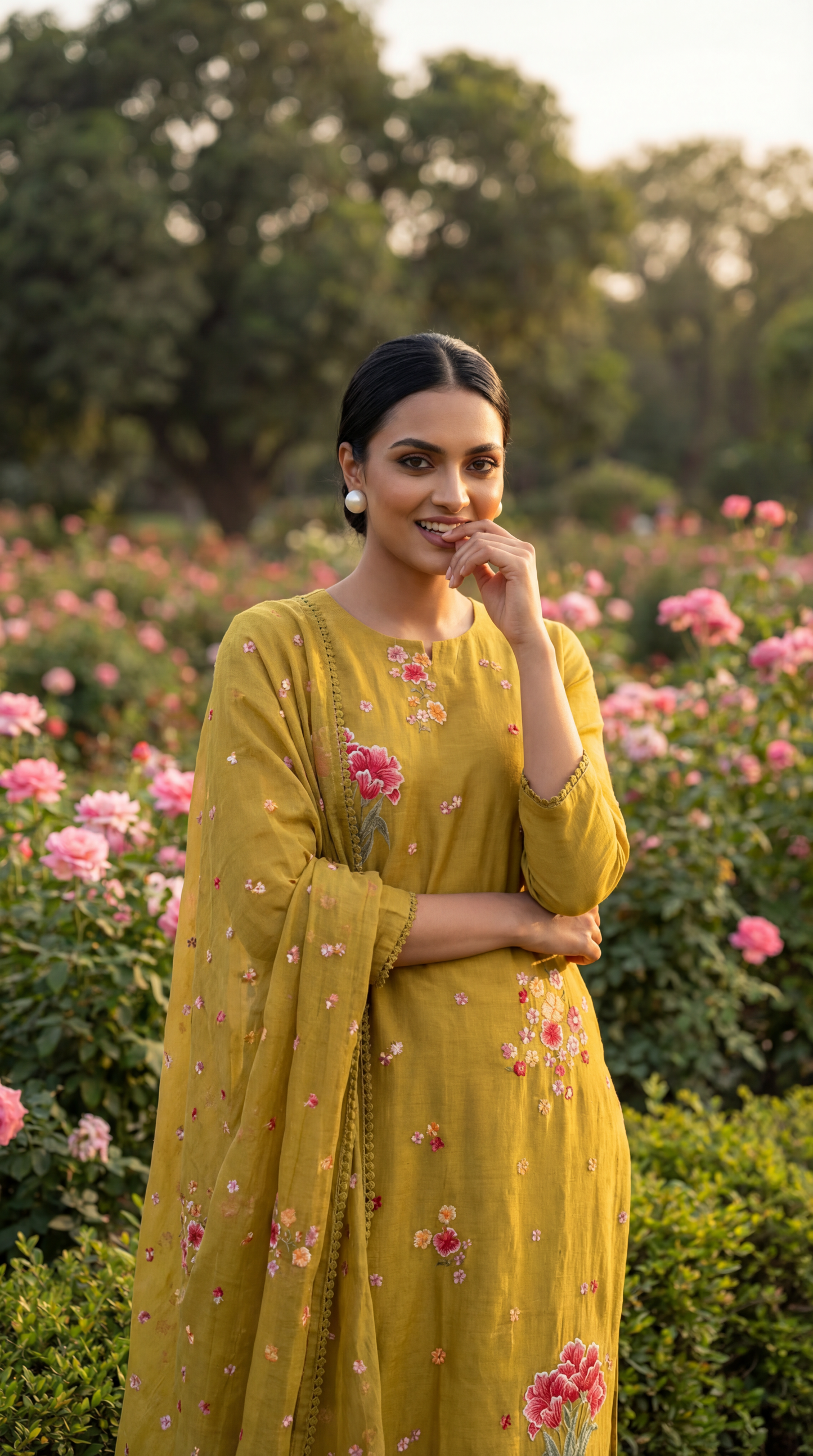 Mustard Yellow Resham Embroidery Mul Mul Suit Set