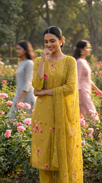 Mustard Yellow Resham Embroidery Mul Mul Suit Set