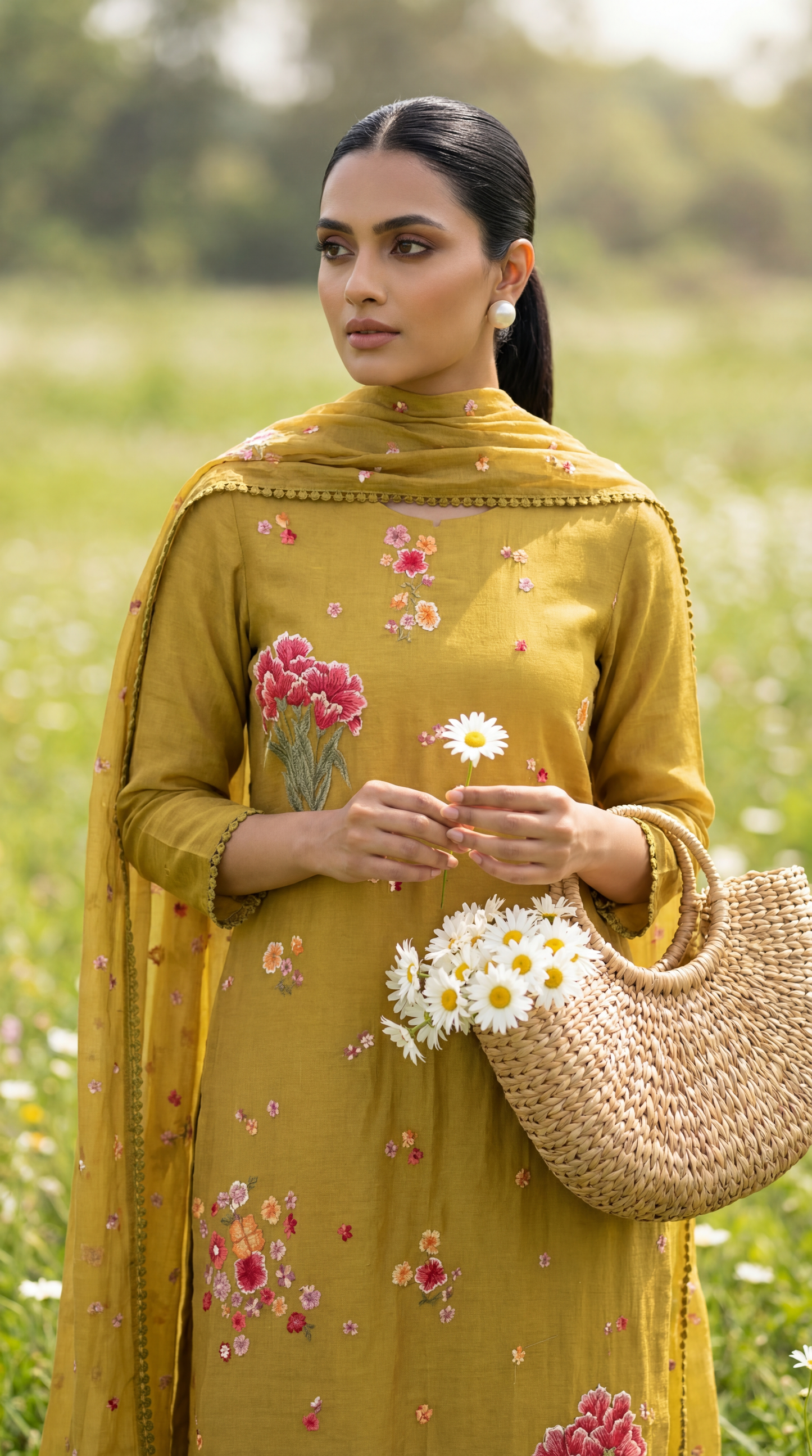 Mustard Yellow Resham Embroidery Mul Mul Suit Set