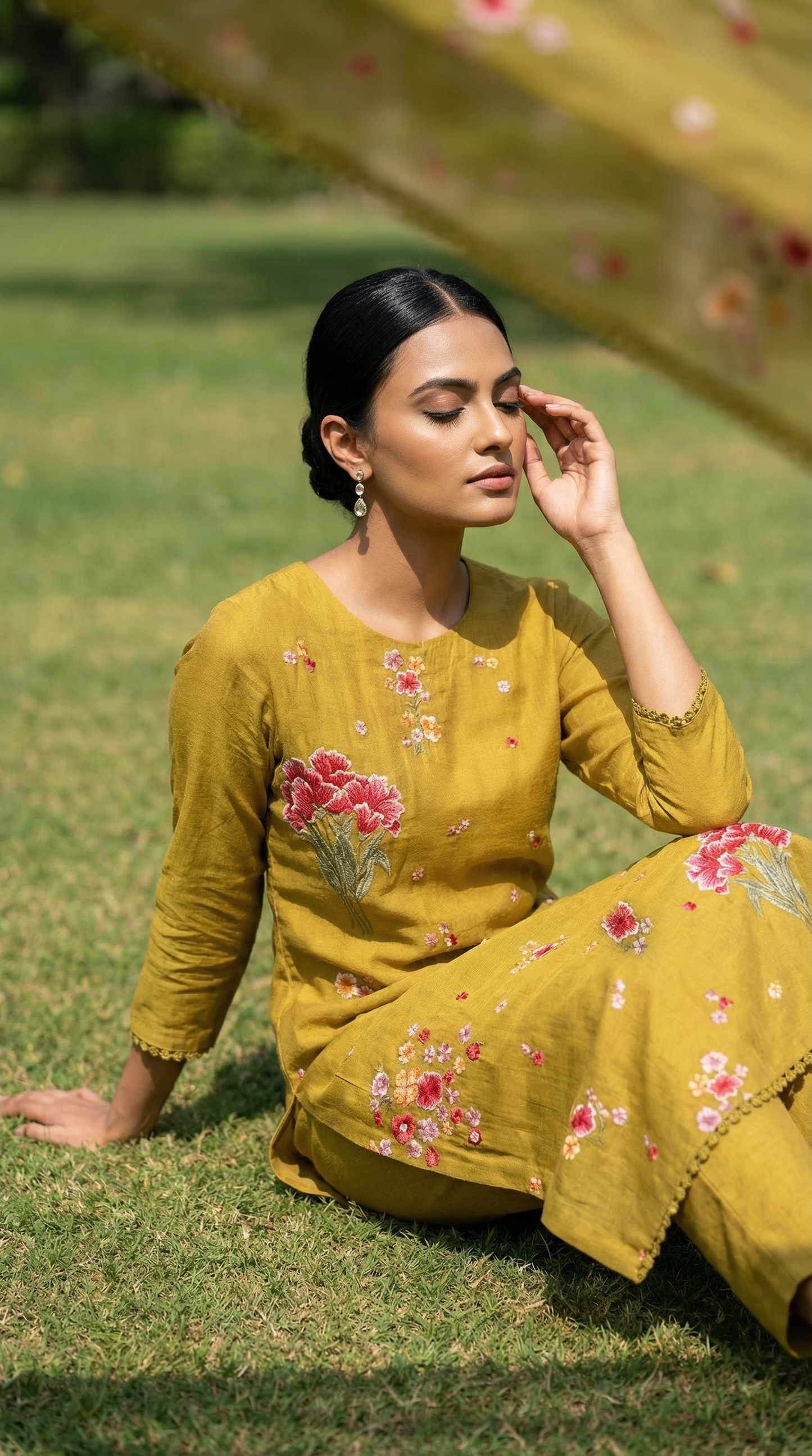 Mustard Yellow Resham Embroidery Mul Mul Suit Set