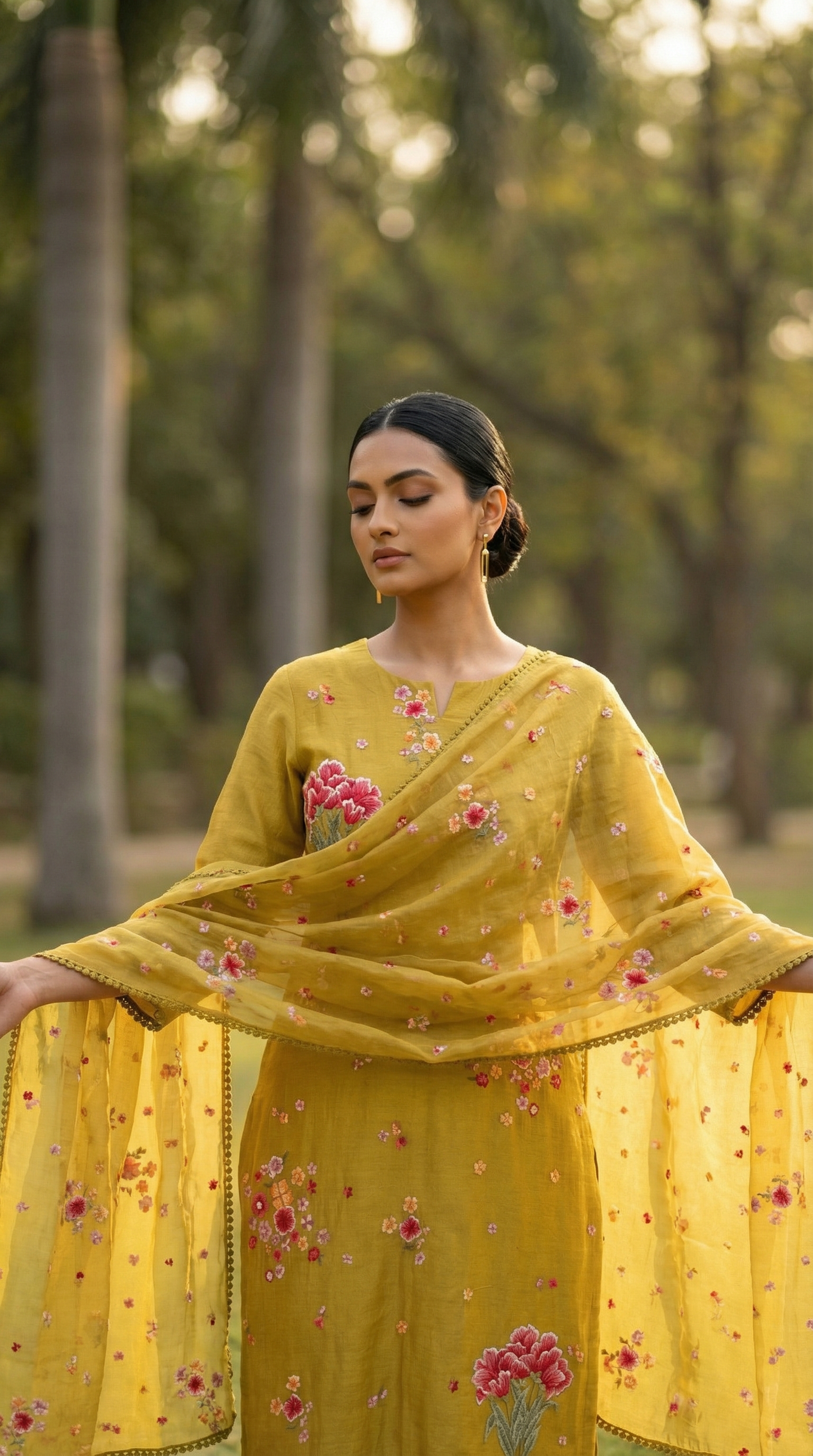 Mustard Yellow Resham Embroidery Mul Mul Suit Set