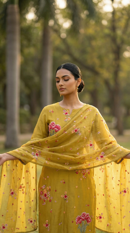 Mustard Yellow Resham Embroidery Mul Mul Suit Set
