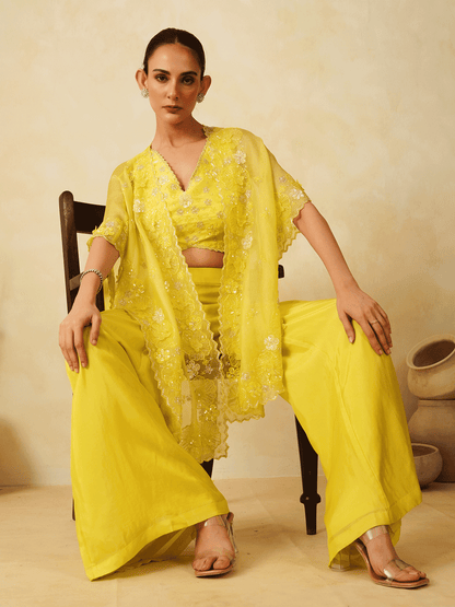 Yellow Silk & Organza Co-ord with Cape