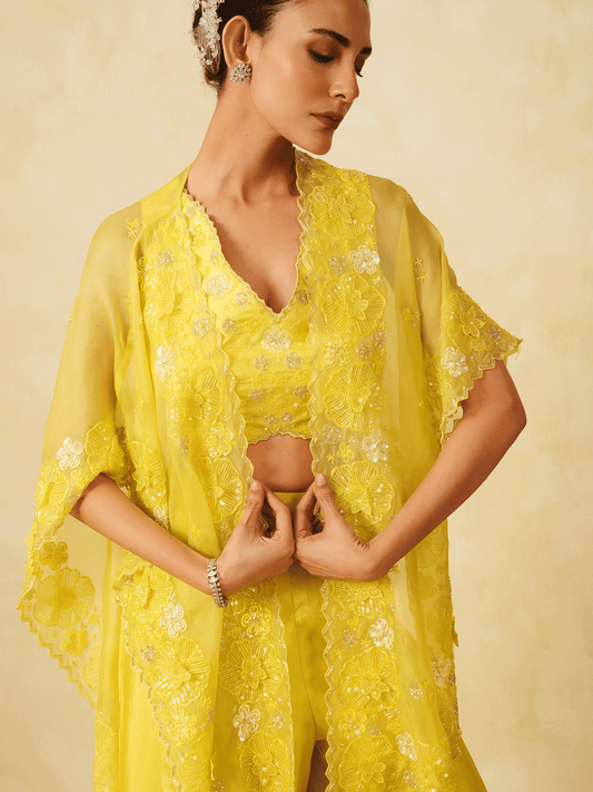 Yellow Silk & Organza Co-ord with Cape
