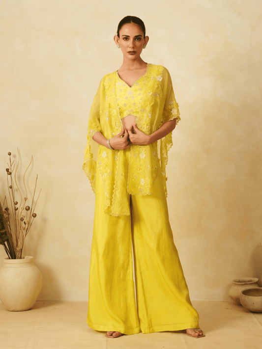 Yellow Silk & Organza Co-ord with Cape