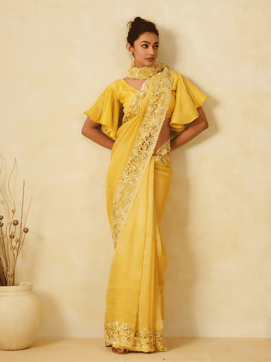Mustard Yellow Tissue Cutdana Detailed Saree with Sequins