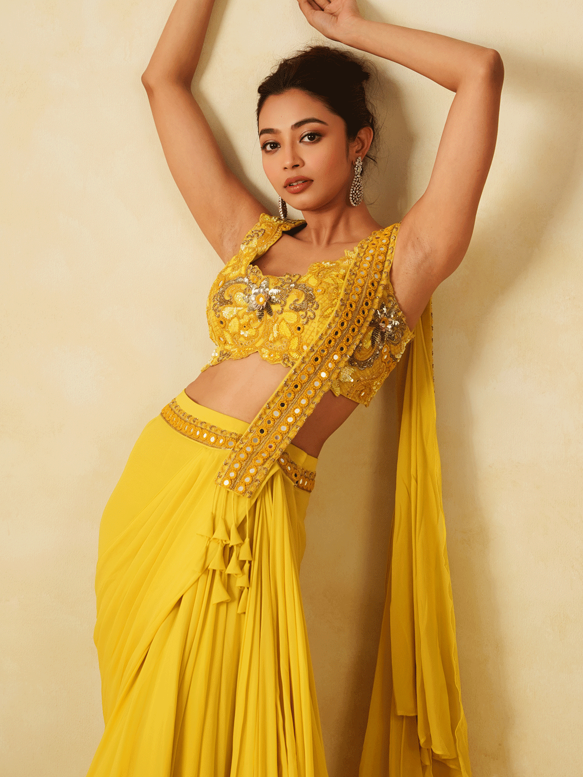 Haldi Yellow Georgette Chir Work Pre-Drape Saree with Mirror & Sequins
