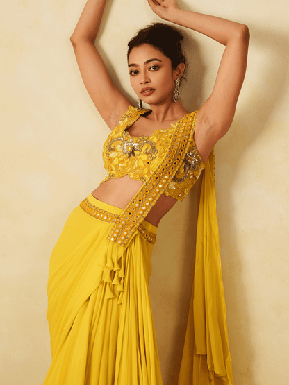 Haldi Yellow Georgette Chir Work Pre-Drape Saree with Mirror & Sequins