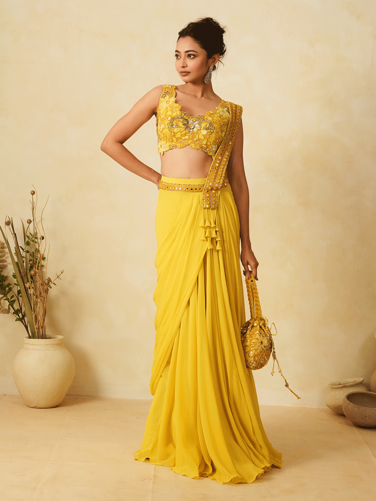 Haldi Yellow Georgette Chir Work Pre-Drape Saree with Mirror & Sequins