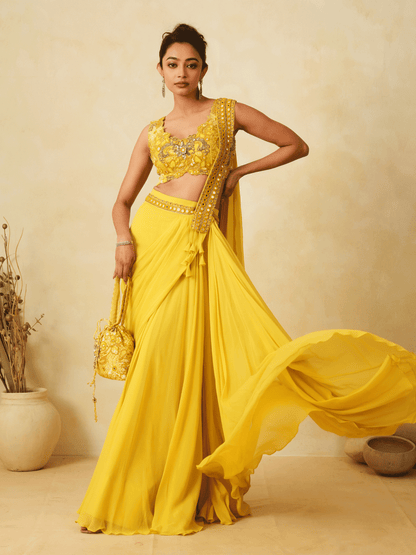 Haldi Yellow Georgette Chir Work Pre-Drape Saree with Mirror & Sequins