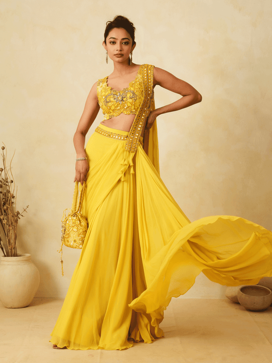 Haldi Yellow Georgette Chir Work Pre-Drape Saree with Mirror & Sequins