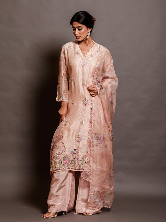 Ethereal Blush Pink Resham Embroidered Kurta Set with Dabka Work