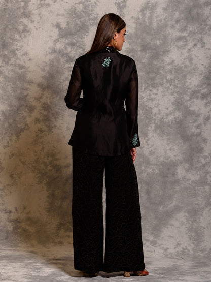 Dapper Black Organza Resham Embroidered Jacket Set