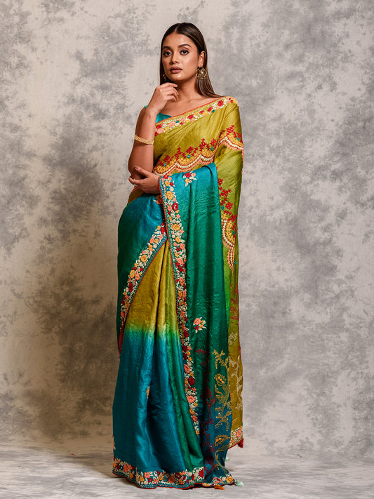 Bi-Tone Green Tussar Gujrati Katha Saree with Parsi Border