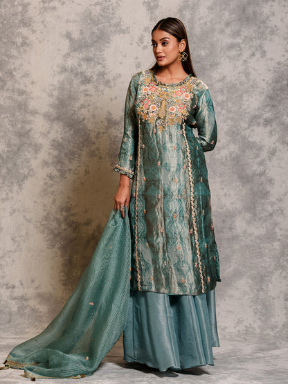 Cyan Blue Sequinned Kurta Set wih Dabka & Thread Work