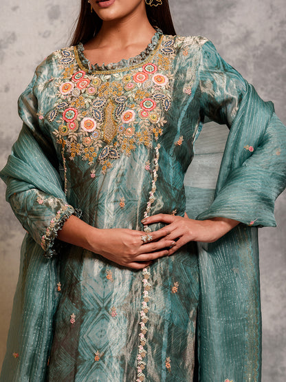 Cyan Blue Sequinned Kurta Set wih Dabka & Thread Work