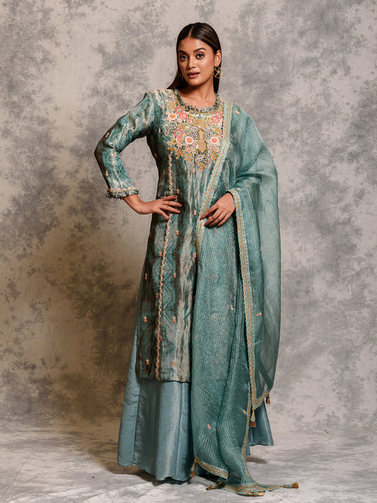 Cyan Blue Sequinned Kurta Set wih Dabka & Thread Work