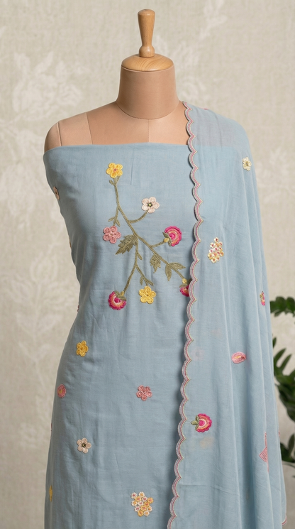 Powder Blue Resham 3D Embroidery Mul Mul Unstitched Suit Set