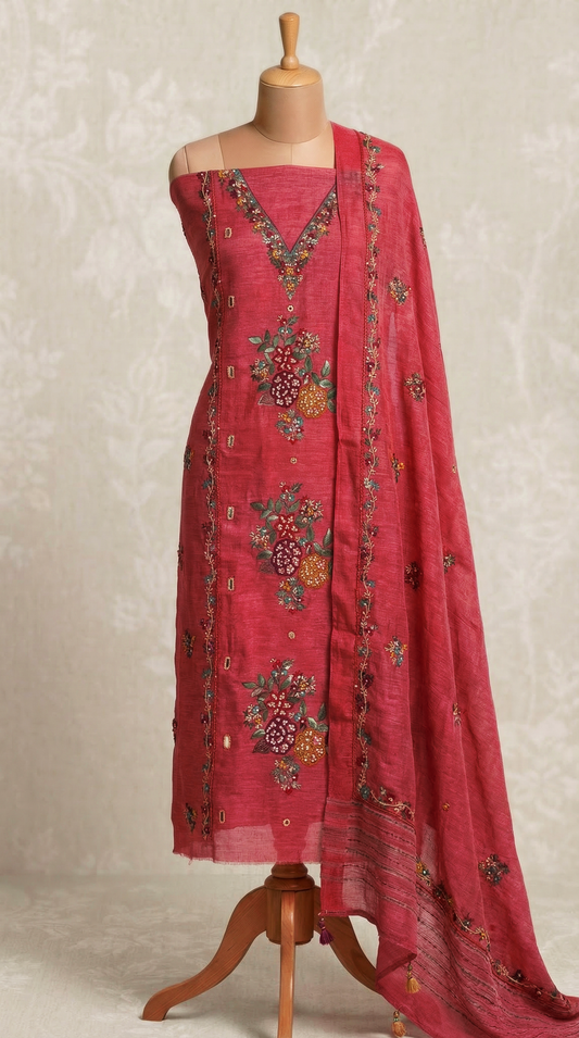 Dusty Rose Resham Embroidery Linen Unstitched Suit Set