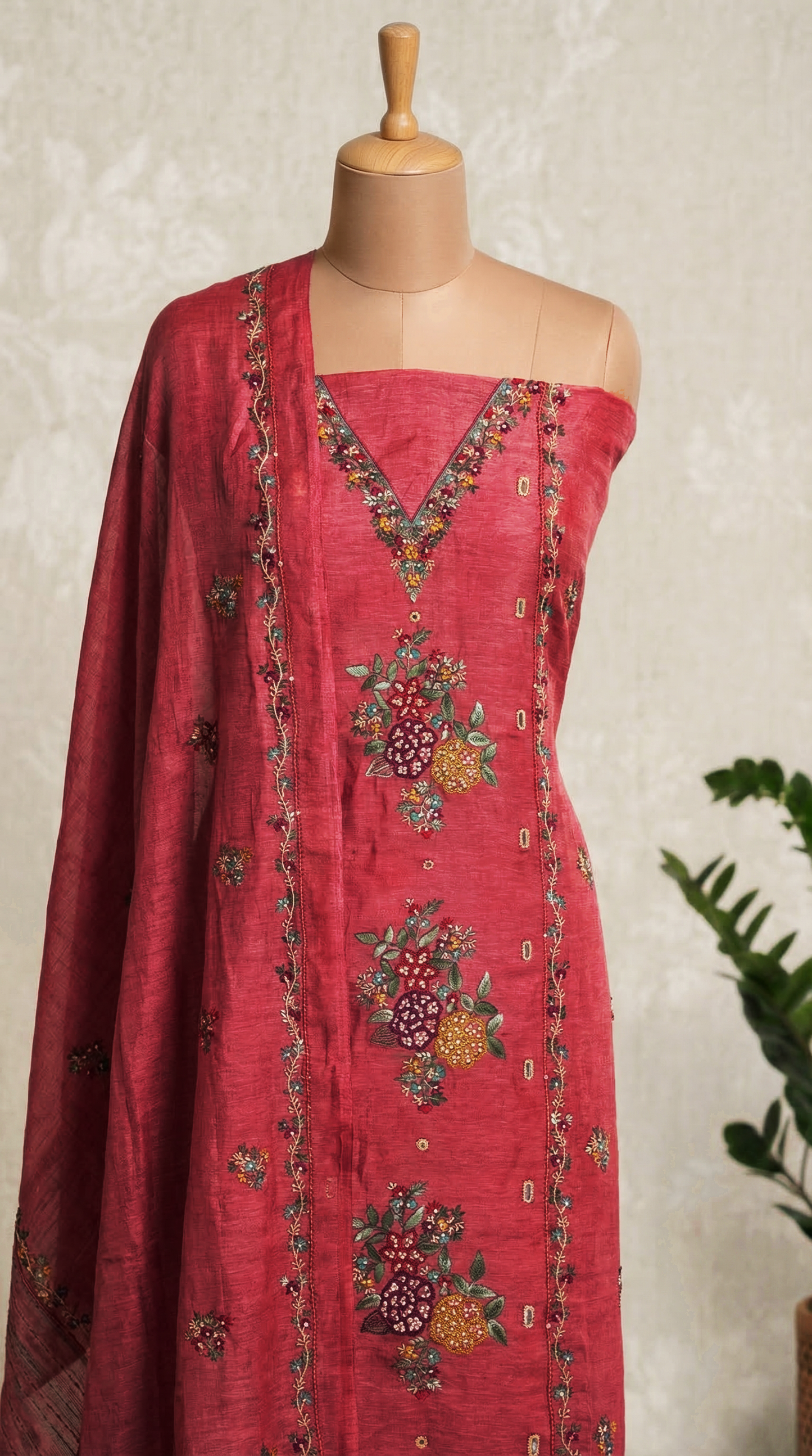 Dusty Rose Resham Embroidery Linen Unstitched Suit Set