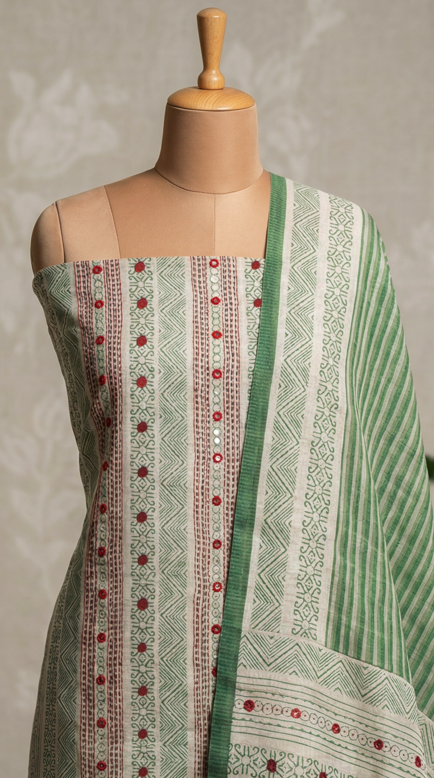 Resham Embroidery Green Jute Cotton Unstitched Suit Set