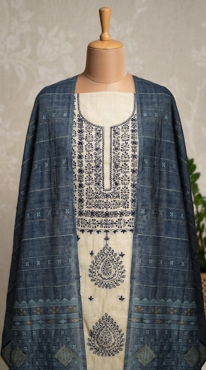 Resham Embroidery Blue Chanderi Unstitched Suit Set