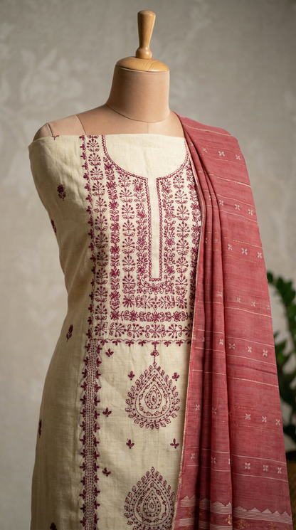 Resham Embroidery Red Coloured Chanderi Unstitched Suit Set