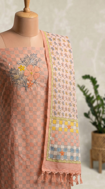 Resham Embroidery Peach Pink Jute Cotton Unstitched Suit Set
