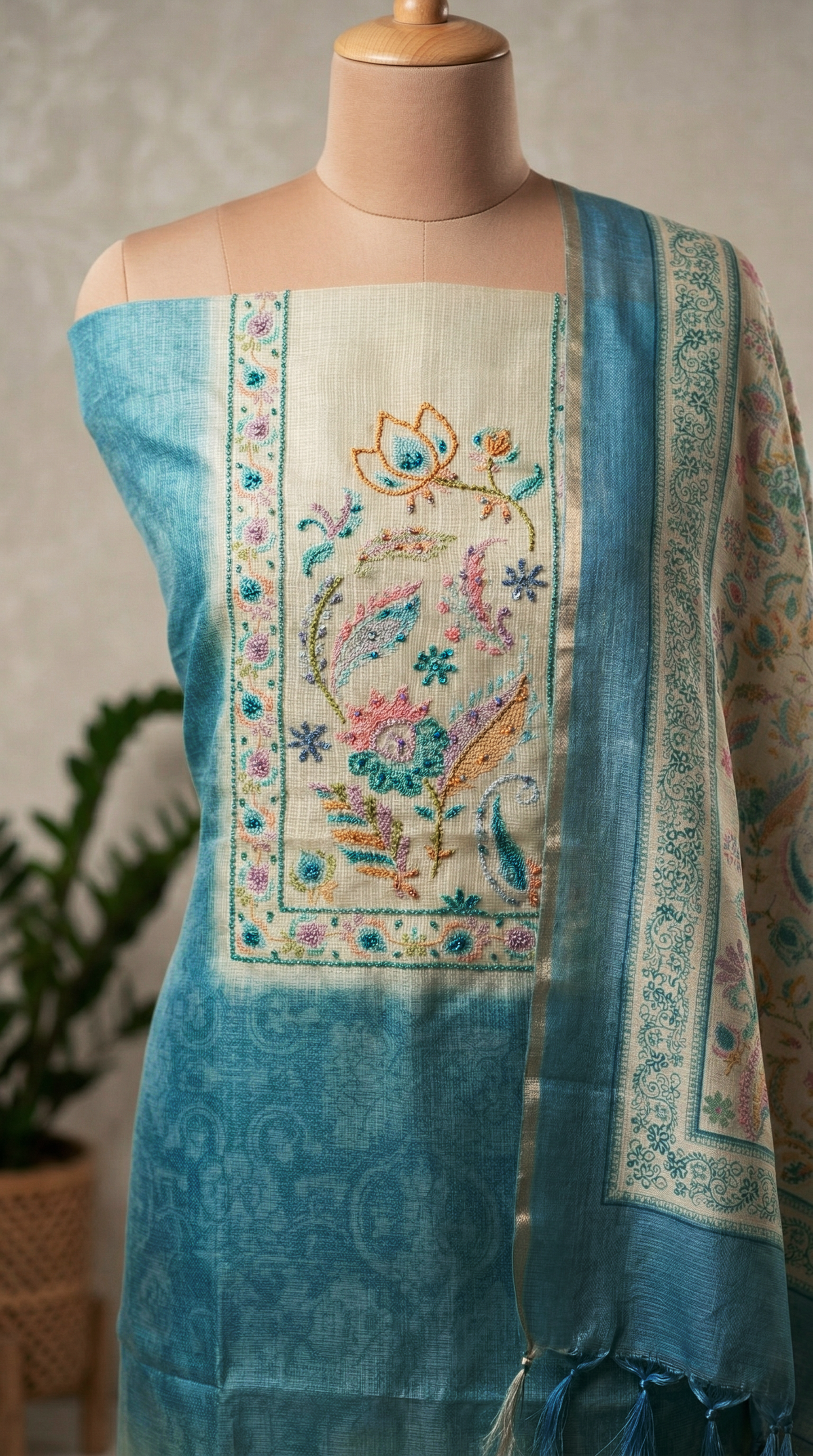 Resham Embroidery Rustic Blue Kota Unstitched Suit Set