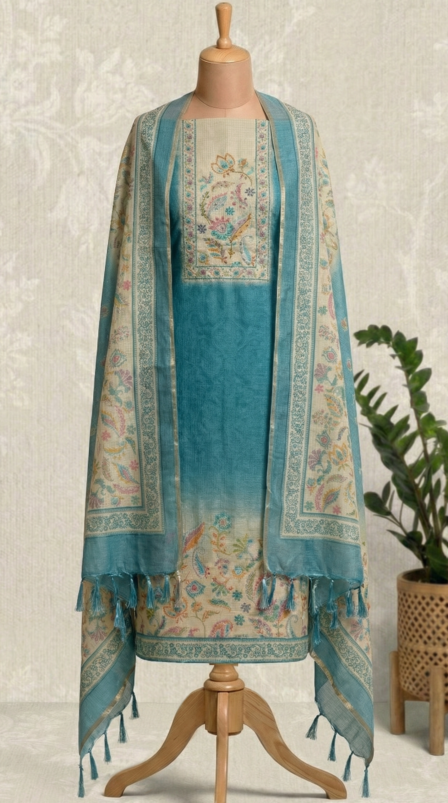 Resham Embroidery Rustic Blue Kota Unstitched Suit Set