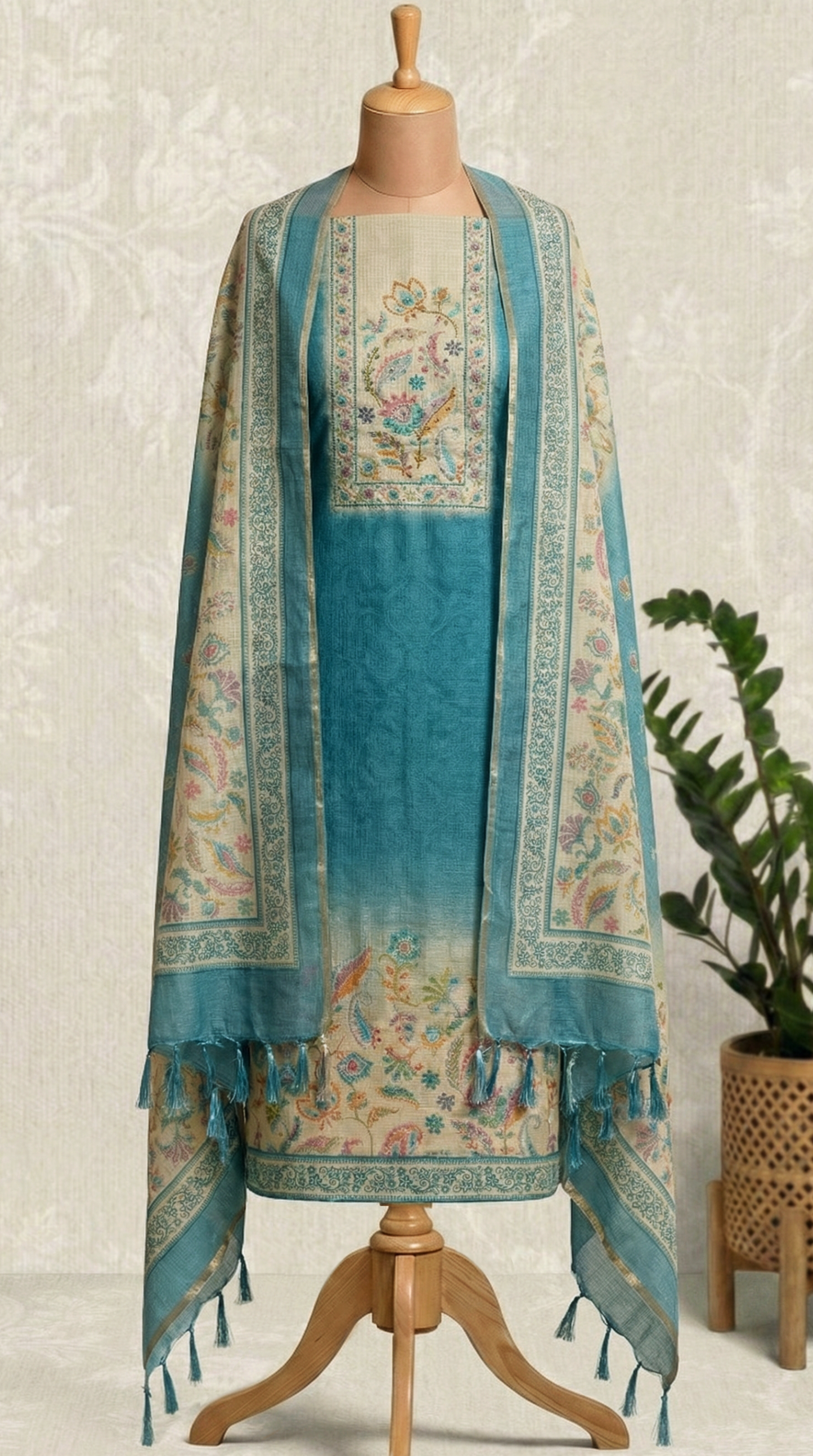 Resham Embroidery Rustic Blue Kota Unstitched Suit Set