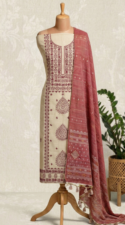 Resham Embroidery Red Coloured Chanderi Unstitched Suit Set