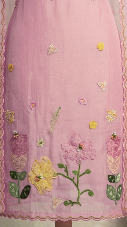 Powder Pink 3D Applique Mul mul Unstitched Suit Set