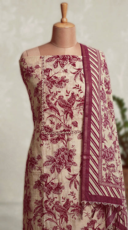 Resham Embroidery Red Chanderi Unstitched Suit Set