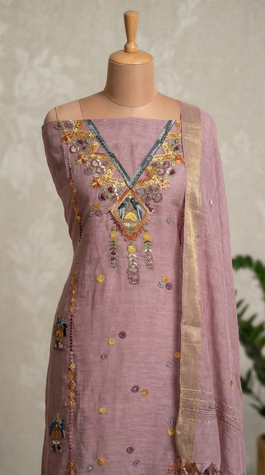 Mauve Resham Embroidery Linen Unstitched Suit Set