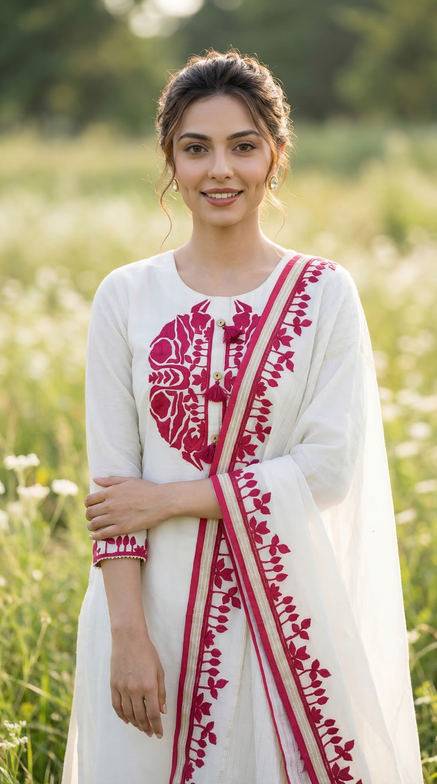 Ivory White-Pink Dual Tone Mul Kurta Set with Contrast Applique