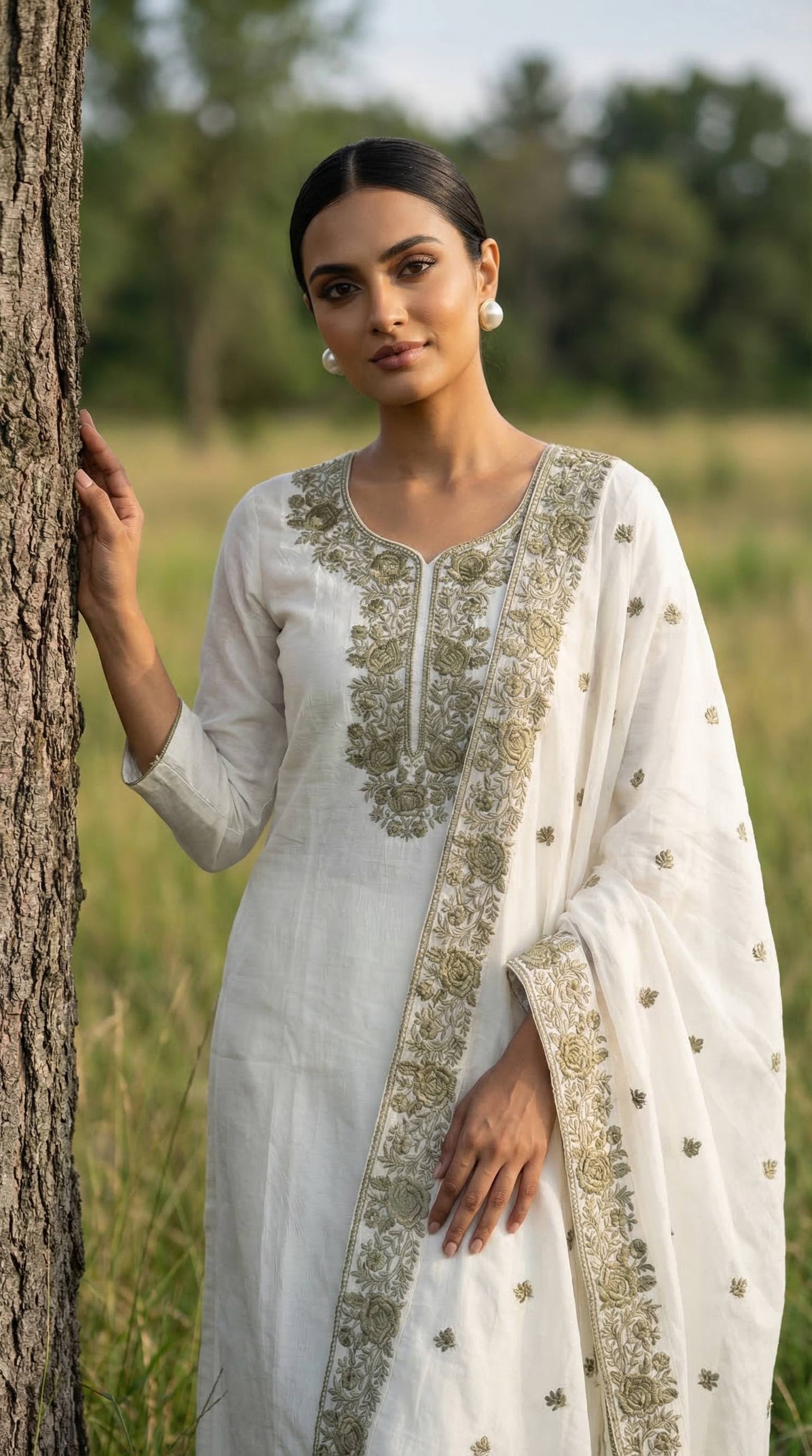 Feather White & Black Highlighted Mul Kurta Set with Parsi Embroidery