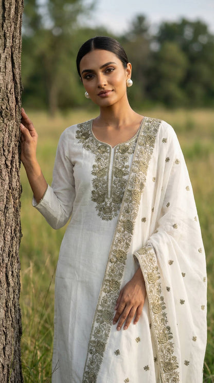Feather White & Black Highlighted Mul Kurta Set with Parsi Embroidery