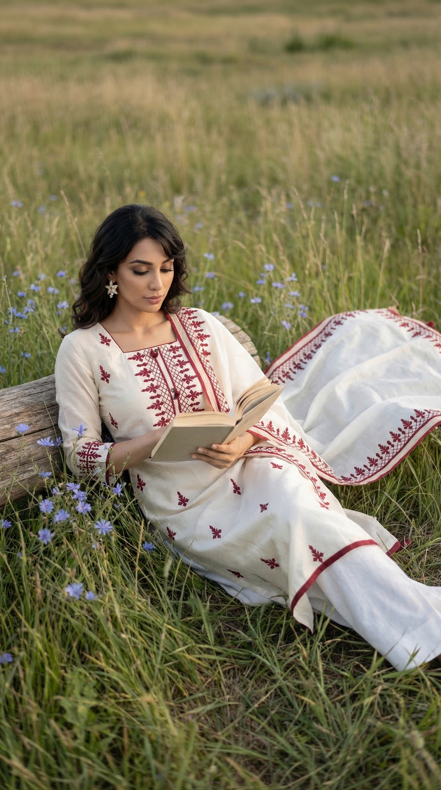 White & Red Mul Kurta Set with Unique Patch Work