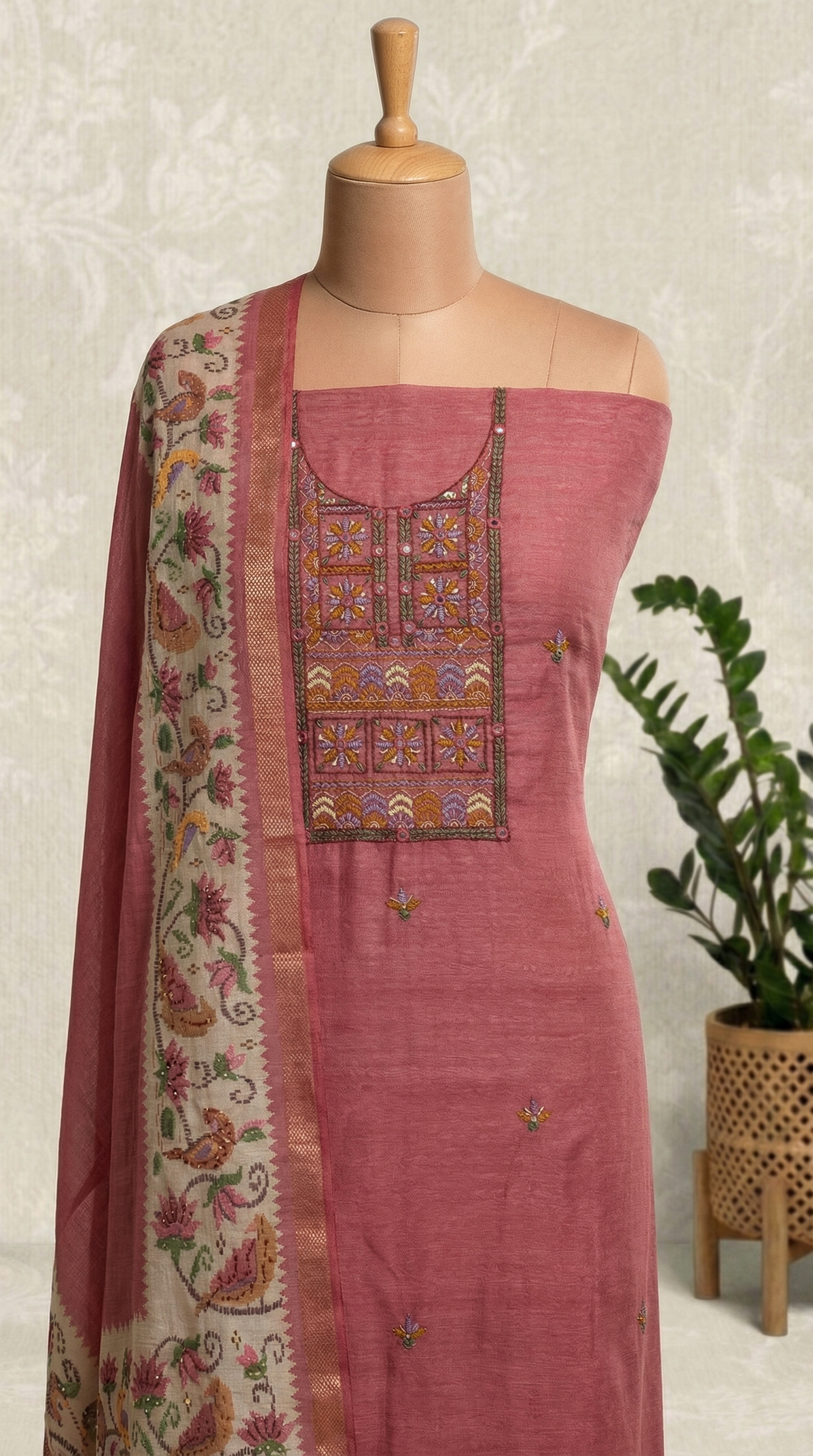 Resham Embroidery Rustic Red Chanderi Unstitched Suit Set