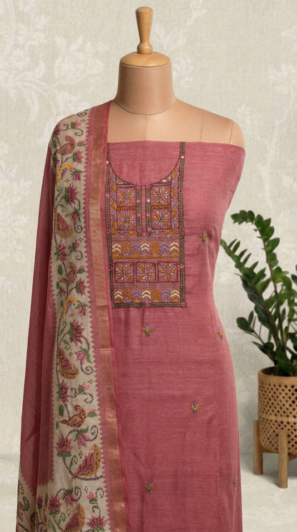 Resham Embroidery Rustic Red Chanderi Unstitched Suit Set