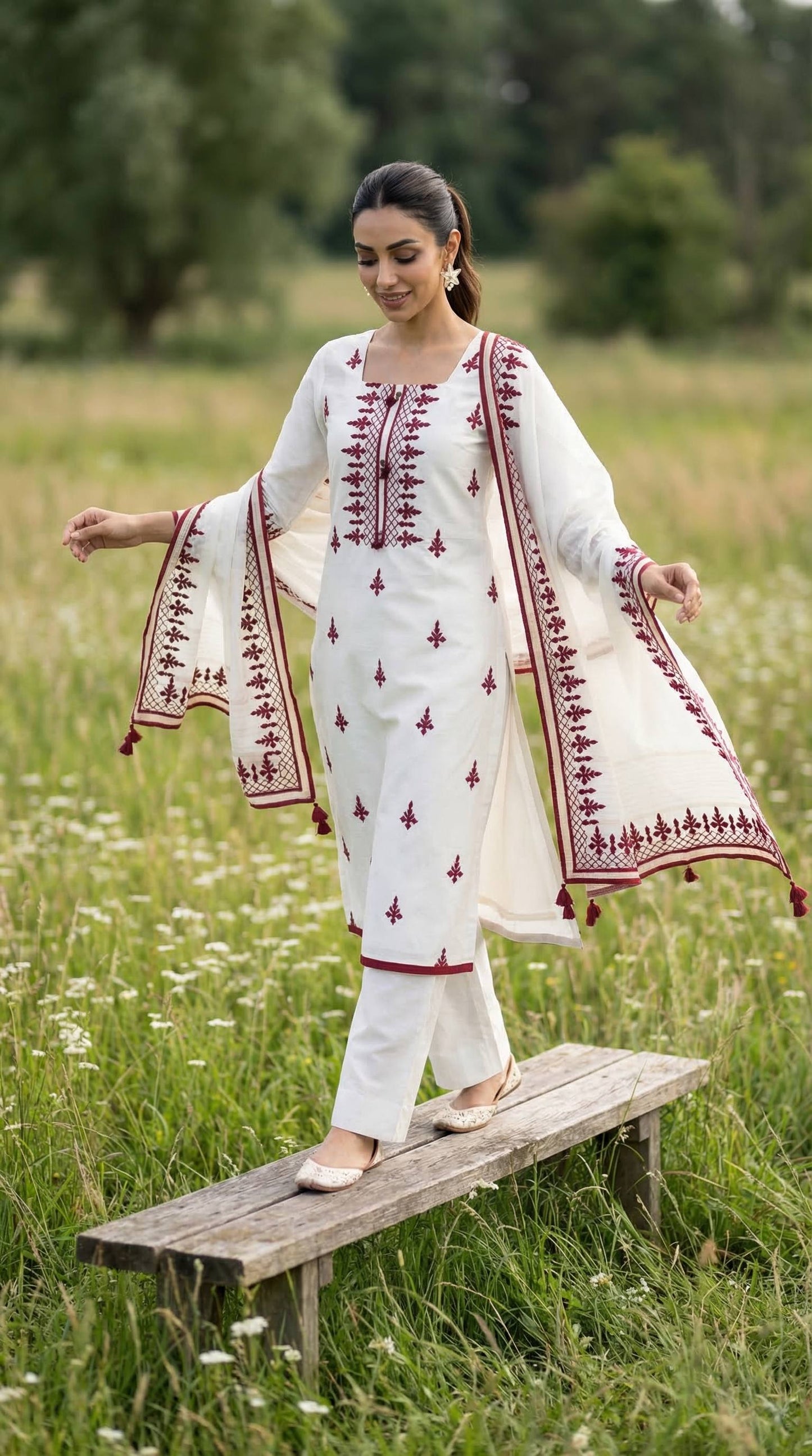 White & Red Mul Kurta Set with Unique Patch Work