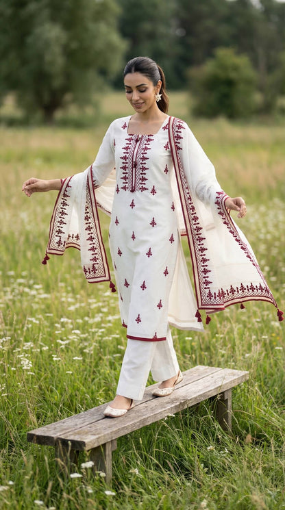White & Red Mul Kurta Set with Unique Patch Work
