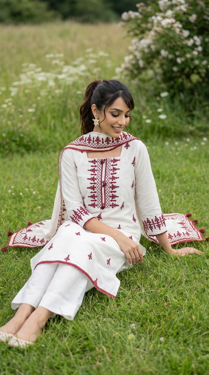 White & Red Mul Kurta Set with Unique Patch Work