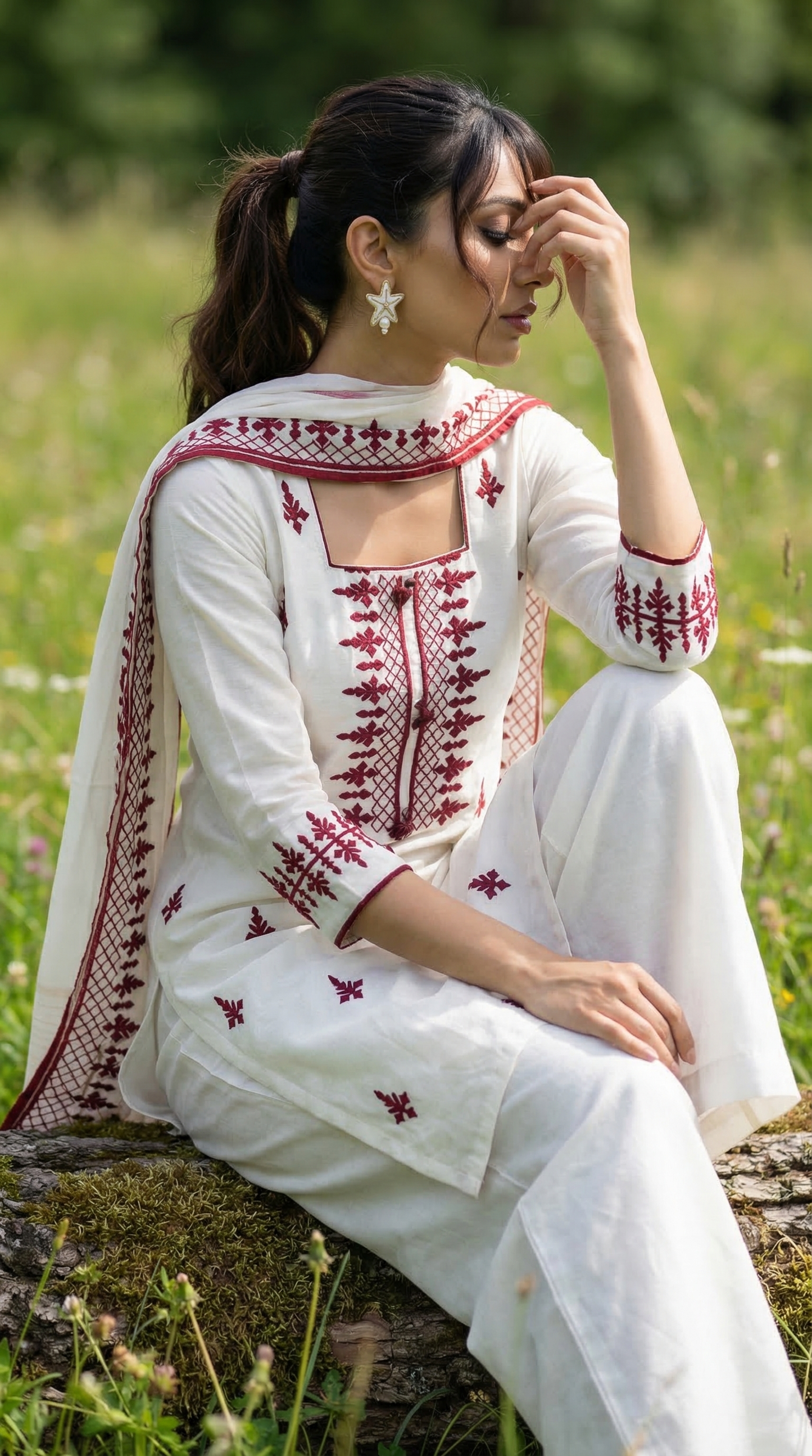 White & Red Mul Kurta Set with Unique Patch Work