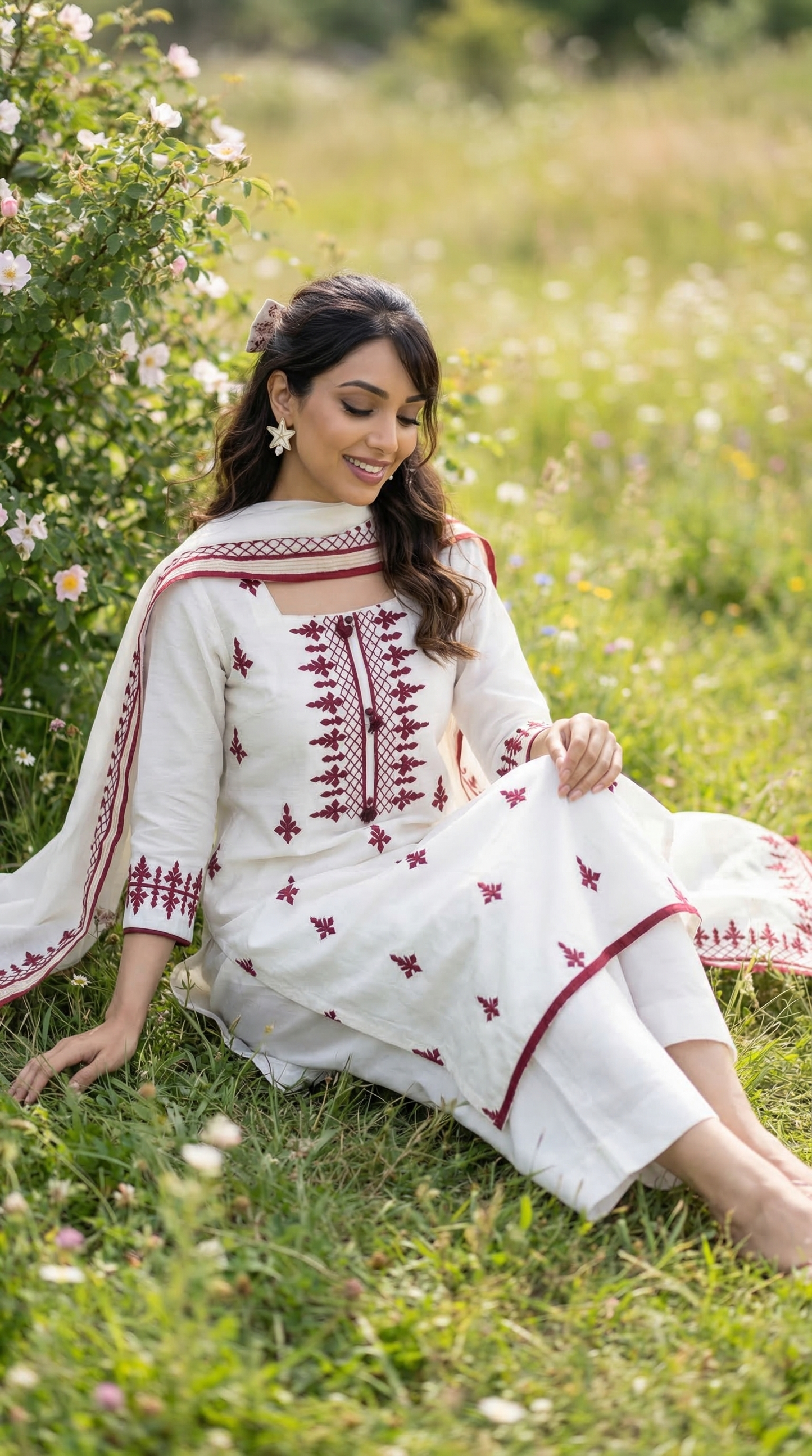 White & Red Mul Kurta Set with Unique Patch Work