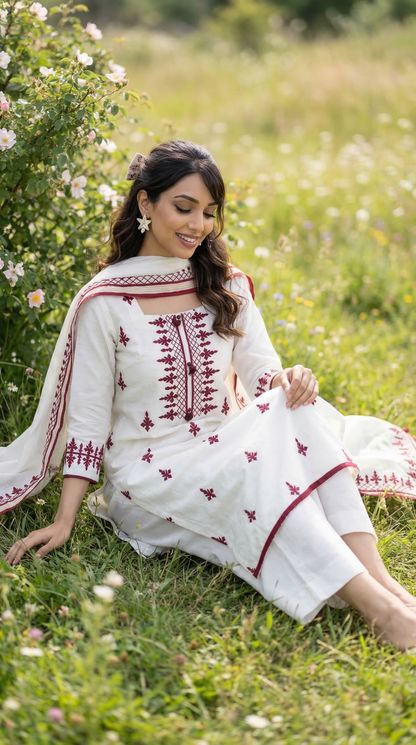 White & Red Mul Kurta Set with Unique Patch Work